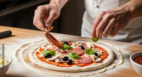 Closeup of a chef preparing a delicious pizza with fresh ingredients, carefully spreading tomato sauce, adding salami, mushrooms, olives, cheese, and basil on a wooden table