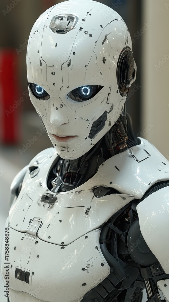 Fototapeta premium A robot with a white body and blue eyes stands in front of a red wall. The robot's face is illuminated, giving it a futuristic and almost menacing appearance. The scene suggests a futuristic setting