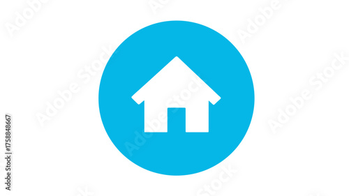 White home house icon in a blue circular button, digital symbol for website navigation, user interface, or application main page
