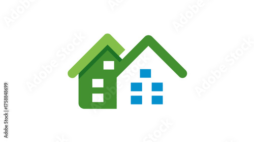 Abstract green and blue houses icon, stylized residential buildings symbol for real estate, home, property, community, and sustainable living