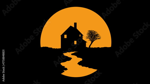 Mysterious house silhouette with a winding path and a lone tree against a large orange full moon on a dark night, atmospheric graphic.