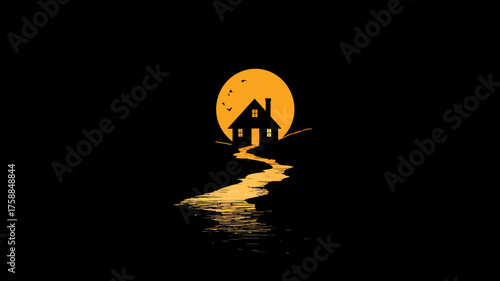 Mysterious night illustration of a secluded house silhouette under a radiant orange moon with a winding path leading home.