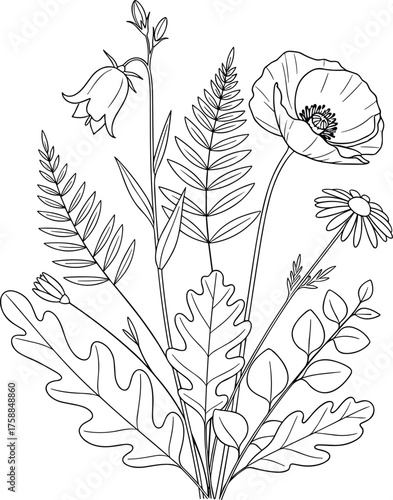 Hand Drawn Wildflower Bouquet Outline Vector Illustration
