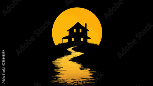 Mysterious old house silhouette on a hilltop with a winding path leading up to it, under a large glowing full moon and its reflection at night.