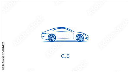 Sleek blue line art illustration of a modern sports car coupe side profile, minimalist vector graphic on a clean white background, automotive design.