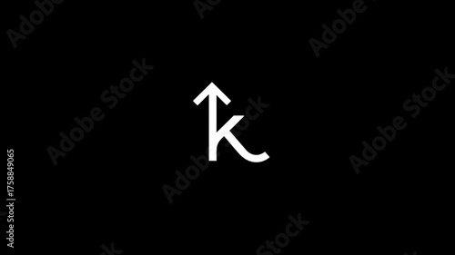Abstract white letter K with an upward arrow symbol on black background. Modern minimalist design representing growth and success.