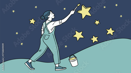 A woman in overalls paints stars on a dark blue night sky with a brush next to a bucket on a hill