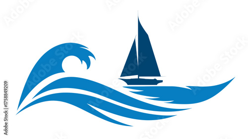 Stylized blue sailboat riding a large ocean wave. Vector graphic representing freedom, adventure, and marine water sports.
