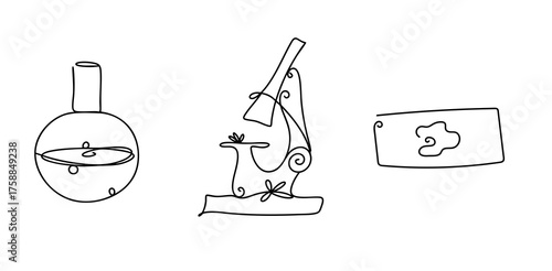 Medical laboratory one line drawing set, microscope flask and slide illustration