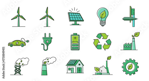 Clean energy icons including wind turbines, solar panels, electric car, and recycle symbol