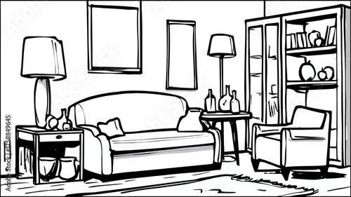 Hand drawn sketch illustration of a cozy living room interior, black and white line art with sofa, armchair, lamps, and bookshelf