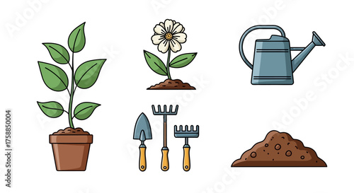 Cartoon garden items plant, flower, watering can, tools, soil