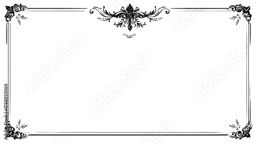 Elegant Vintage Ornate Frame Design with Flourish Details. Classic Decorative Black and White Border Element for Text or Image.