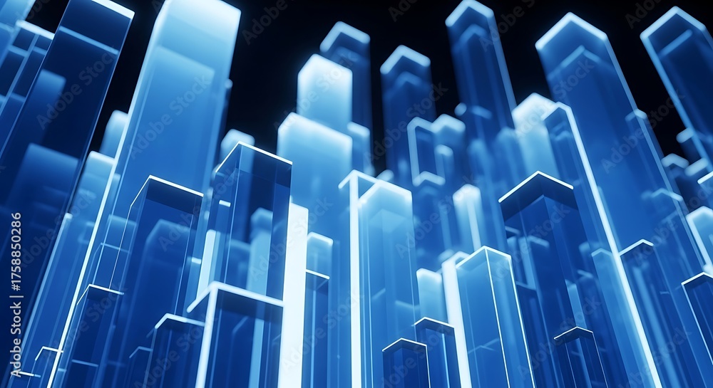 Fototapeta premium Abstract blue glass skyscrapers in a digital city
