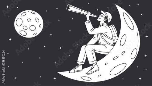A person sitting on a crescent moon looking through a telescope at a full moon in a starry night sky