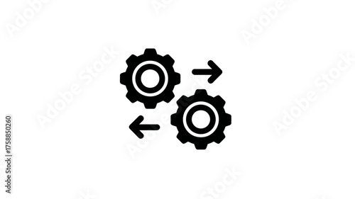 Digital process management icon: two rotating gears with bidirectional arrows for optimization, workflow, and data exchange.