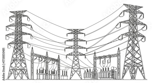 High-voltage power lines and transformers connect to towering pylons in a schematic illustration