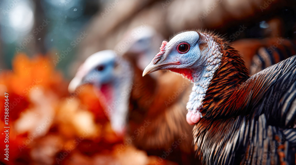 Fototapeta premium Vibrant close-up of turkeys against a backdrop of warm autumn leaves