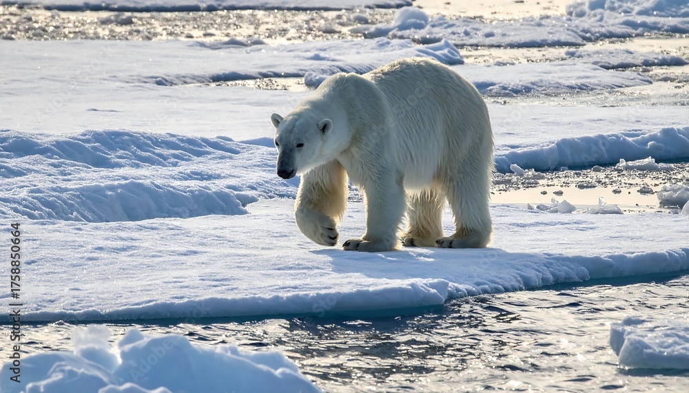 Naklejka premium A solitary polar bear traverses the Arctic ice, a majestic creature adapted to its harsh environment. The bear's fur glistens in the sunlight