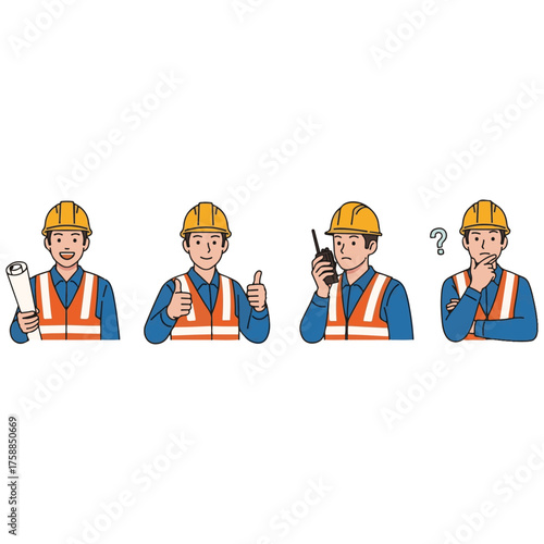 pekerja 2Set of 5 Cute & Simple Male Construction Worker Avatars: Happy Young Foreman/Engineer Portraits in Safety Vests and Hard Hats for Projects, Industrial Safety, and Labor Illustrations