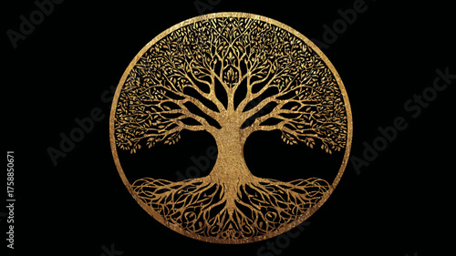 Intricate Golden Tree of Life Circle Symbol on Black Background, Spirituality, Nature & Growth Concept