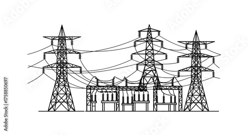 A stylized black and white illustration of a complex electrical substation with multiple towers and intricate wiring