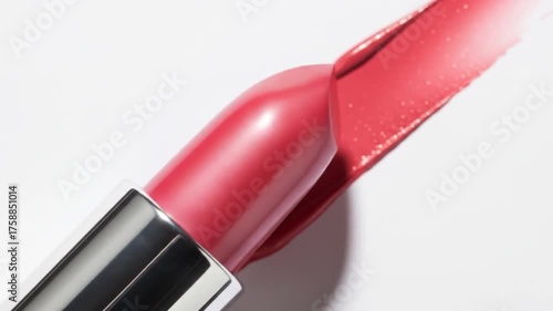 Gleaming lipstick poised above a vibrant swatch a beauty essential