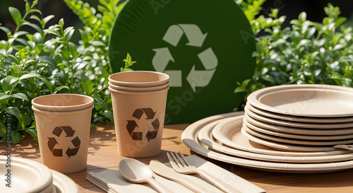 Eco-friendly disposable tableware for sustainable events and catering, compostable plates and cups with recycling logo promoting zero waste lifestyle