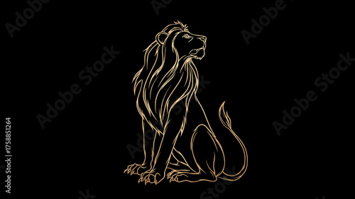 Majestic golden line art lion sitting on haunches with flowing mane, isolated on a deep black background, embodying power and elegance.