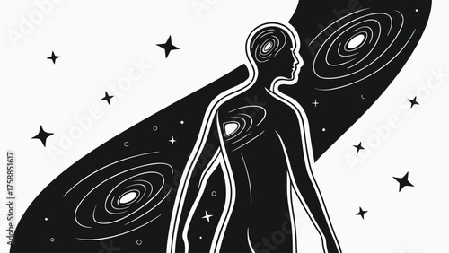 Human silhouette against a cosmic galaxy background