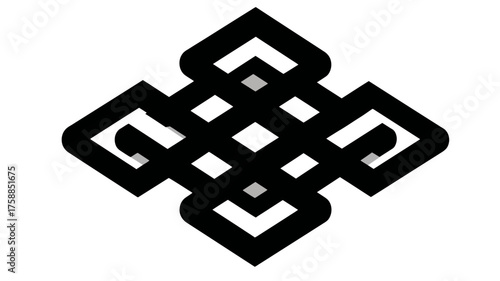 Intricate Black Endless Knot Symbol on White: Spiritual Graphic Design Element Representing Eternity, Wisdom, and Interconnection