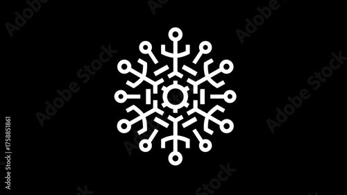 Abstract geometric white snowflake-like symbol on black background. Modern digital network connection icon representing technology, winter, and data.