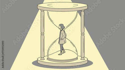 Person trapped inside a giant hourglass illustration