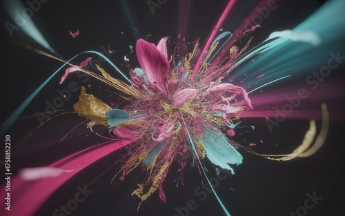 Digital Abstract Floral Explosion, Bright Petals and Colorful Textures Creating a Dynamic and Expressive Bloom