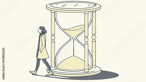 Woman walks past giant hourglass symbolizing time passing