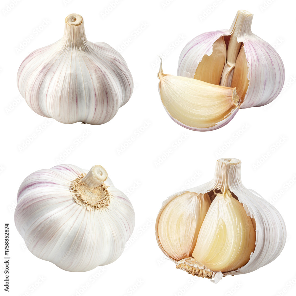 Obraz premium A collection of fresh garlic bulbs, both whole and broken apart to show individual cloves, on a white background.