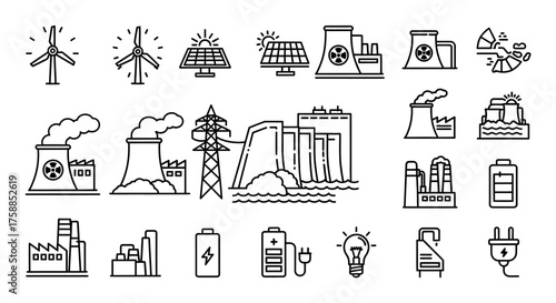 Collection of clean line art icons depicting various energy sources and power generation facilities
