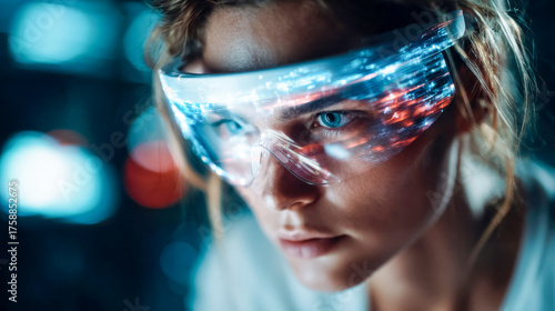 Focused athlete wearing futuristic AR headset in neon-lit training environment
