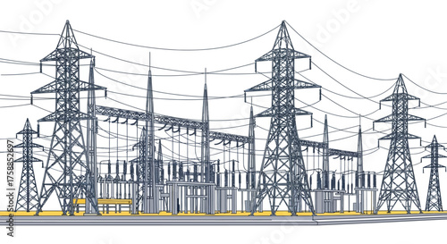 A stylized illustration of a vast electricity substation with tall pylons