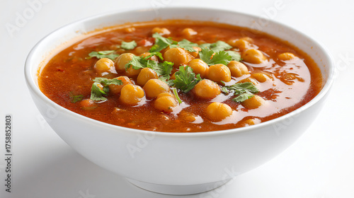 Bowl of chana masala isolated on white background, a chickpea curry dish
