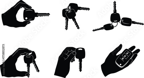 Car key icons, automotive access illustration, vehicle security design, remote control fob, ignition key symbol, transportation tools, lock unlock feature, modern driving