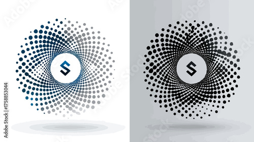 Modern abstract circular dotted spiral design with dynamic halftone pattern, digital gradient, and vortex effect. Technology graphic background.