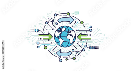 Global network connections and data transfer visualized with a circuit board motif