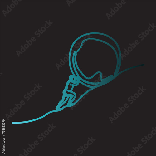 Abstract figure pushing a large circle up a steep hill metaphor for challenge and effort vector