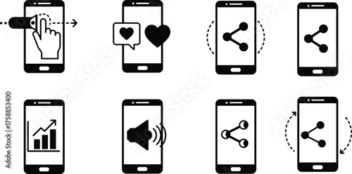 Smartphone app icons, mobile communication illustration, social media interaction, online sharing design, digital connectivity tools, data analytics screen, audio control feature, swipe gesture