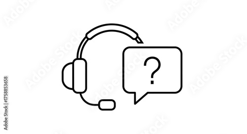 A line drawing of a headset with a speech bubble containing a question mark