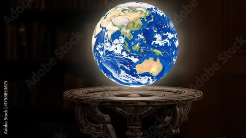 Illuminated Earth globe hovers above an ornate aged table in a dimly lit room