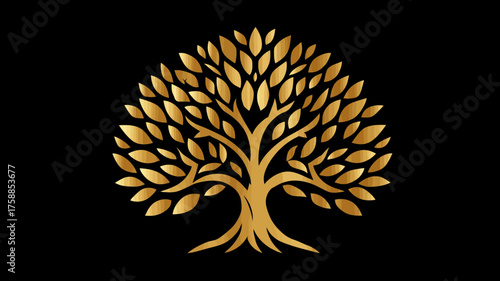 Elegant golden tree symbol on black background, stylized with luxurious leaves. A timeless icon representing growth, nature, prosperity, and life.