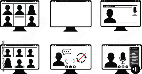 Video conference monitor icons, online meeting illustration, remote work communication, digital collaboration tools, chat interface design, virtual office screen, webinar platform features