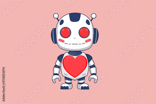 Cute chibi-style robot with white body, blue accents, red heart on chest, big sparkling red eyes, headphones, and a cheerful smile on pink background